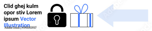 Black padlock, gift box with blue ribbon, large blue arrow pointing rightward. Ideal for security, gifting, privacy, online shopping, safe transactions data protection holiday promotions. Landing