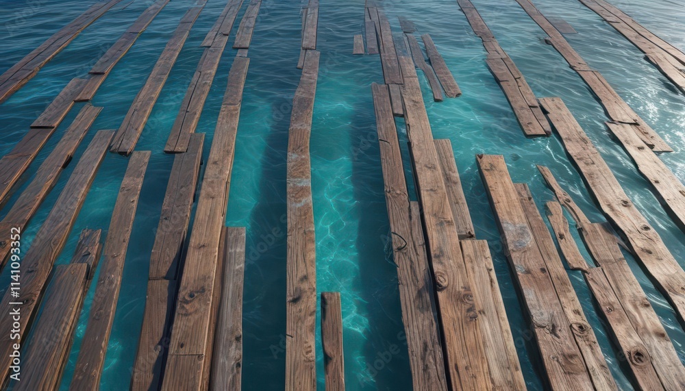Weathered wooden planks extend into the vast blue sea, cloudy background, natural environment, oceanic view Weathered wooden planks extend into the vast blue sea, cloudy background, natural environment, oceanic view