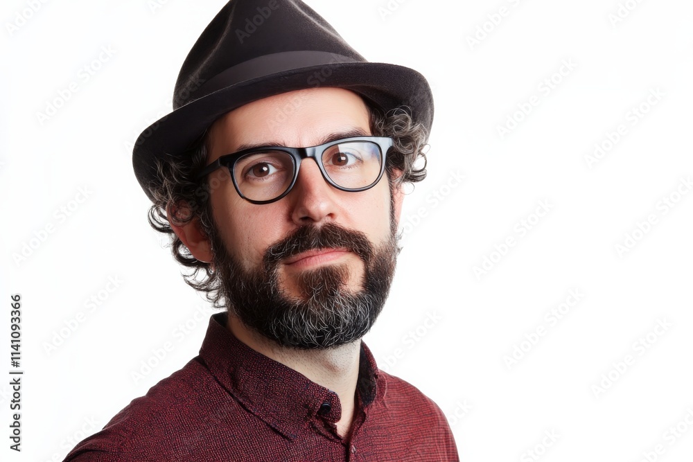 Stylish Man with Glasses and Hat Posing Against a White Background Stylish Man with Glasses and Hat Posing Against a White Background