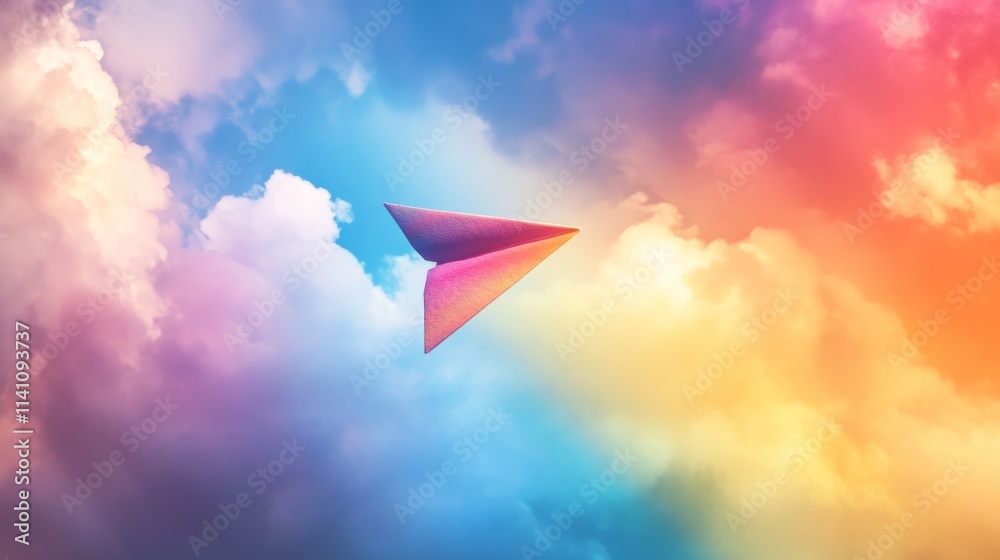 Paper airplane surrounded by vibrant rainbow colors in a sky generative ai Paper airplane surrounded by vibrant rainbow colors in a sky generative ai