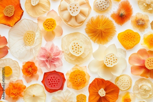 Flat lay of various dried flowers in orange and peach tones on white background.