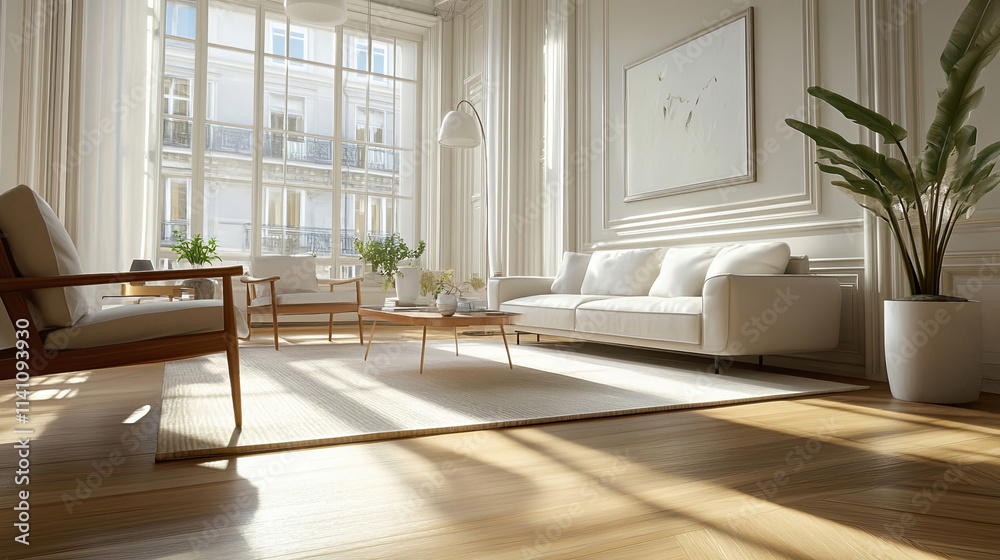 Modernes, sonnendurchflutetes Wohnzimmer im europäischen Altbau Modernes, sonnendurchflutetes Wohnzimmer im europäischen Altbau