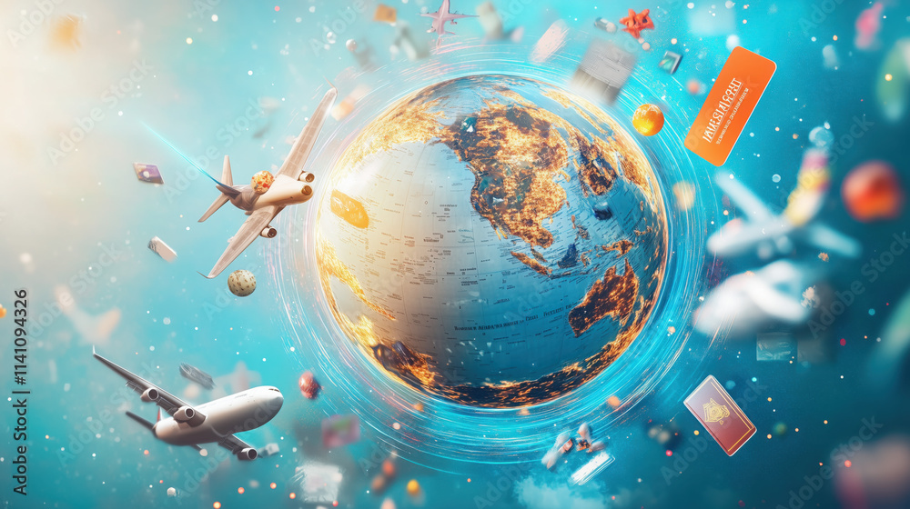 Naklejka premium 3D Globe with Orbiting Travel and Tourism Icons Representing Global Adventures