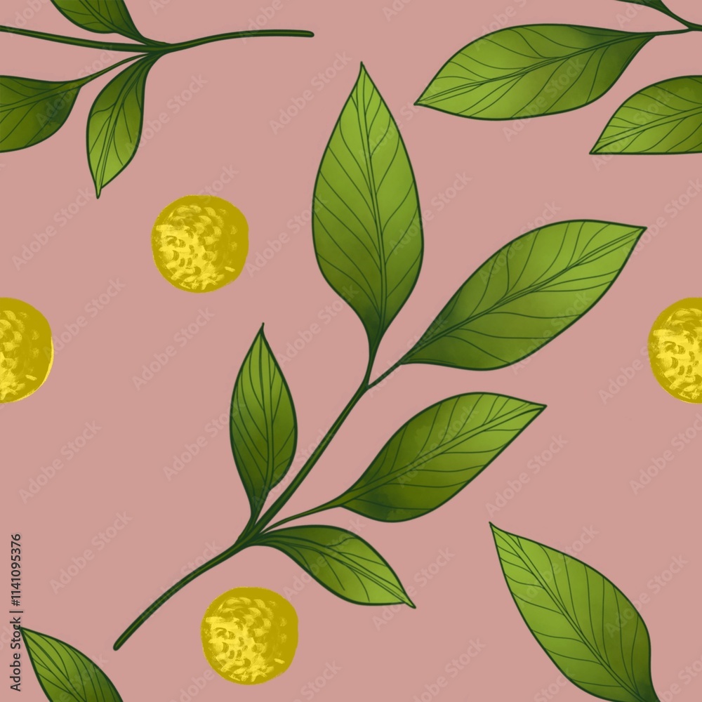 Seamless Big Leafy with Yellow Dots Pattern on Soft Pink Background Seamless Big Leafy with Yellow Dots Pattern on Soft Pink Background