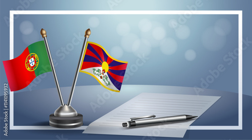 Portugal and Tibet National flags on small table with bokeh background, cooperative relationship