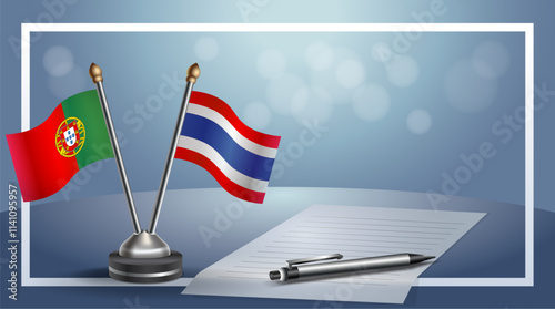 Portugal and Thailand National flags on small table with bokeh background, cooperative relationship