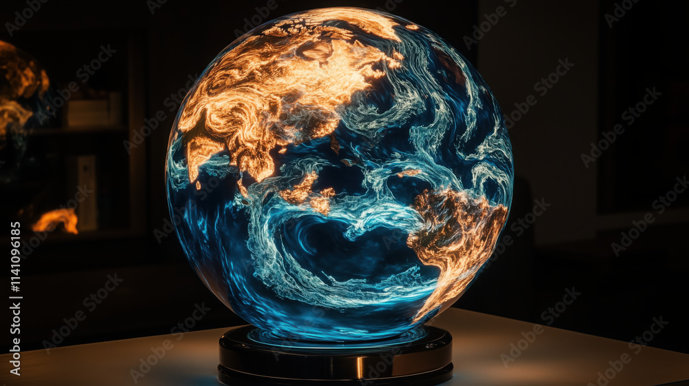 3D Globe with Swirling Clouds of Light and Glowing Mountain-Ranges as Continents 3D Globe with Swirling Clouds of Light and Glowing Mountain-Ranges as Continents