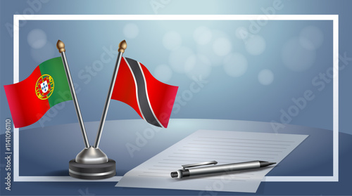Portugal and Trinidad and Tobago National flags on small table with bokeh background, cooperative relationship