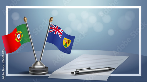 Portugal and Turk and Caicos National flags on small table with bokeh background, cooperative relationship