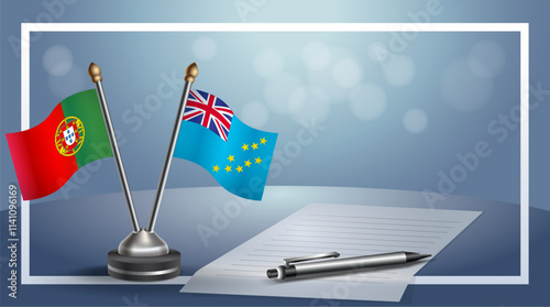 Portugal and Tuvalu National flags on small table with bokeh background, cooperative relationship
