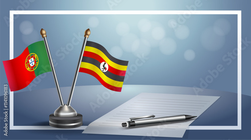 Portugal and Uganda National flags on small table with bokeh background, cooperative relationship