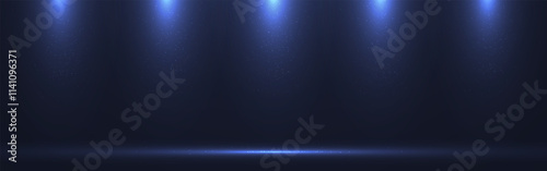 Spotlight background. Rays with glitter effect. Empty space with spotlights and dust. Award ceremony light. Stage with soft beams. Product display template. Vector illustration.