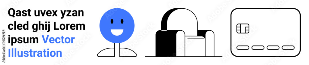 Fototapeta premium Simplified drawing of smiling blue face, office bag, and credit card with text placeholder. Ideal for business, travel, finance, digital transactions, corporate identity, technology marketing