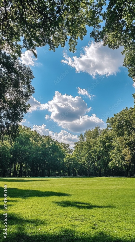 Fototapeta premium beautiful wooded park with a blue sky with clouds with copy space vertically 9:16