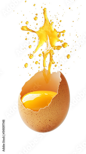 Egg yolk splashing from a cracked egg on a clear background, ideal for food and drink promotions photo