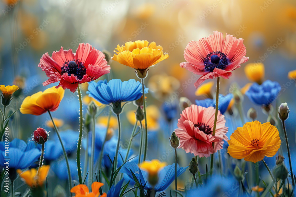 blooming flower garden with colorful poppies and other wildflowers. blooming flower garden with colorful poppies and other wildflowers.