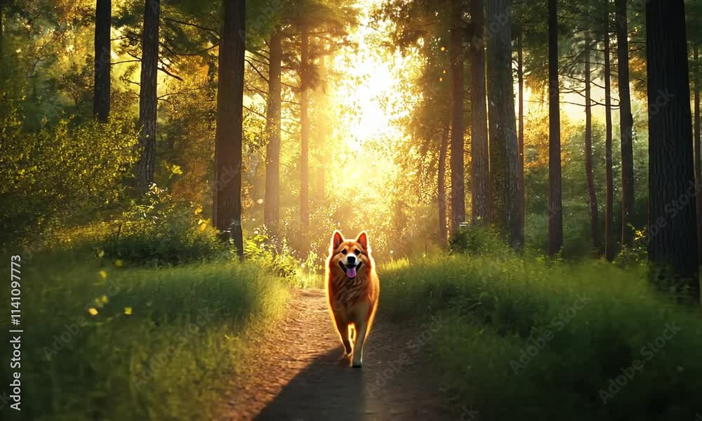 Golden Dog Joyfully Trotting Down a Sunlit Forest Path