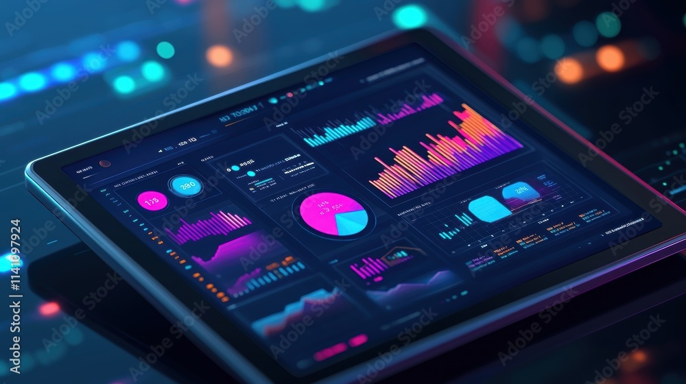 A highresolution image of a digital tablet screen showcasing a dashboard filled with realtime analytics including pie charts and line graphs pulsating with live data updates. A highresolution image of a digital tablet screen showcasing a dashboard filled with realtime analytics including pie charts and line graphs pulsating with live data updates.