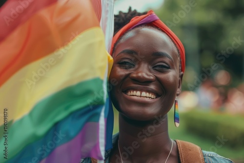 African woman holding LGBT flag in park promotes equality. photo