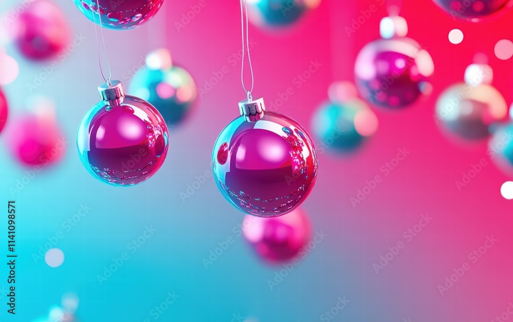 A vibrant holiday background featuring floating 3D ornaments in vivid neon pink and turquoise over a gradient background A vibrant holiday background featuring floating 3D ornaments in vivid neon pink and turquoise over a gradient background