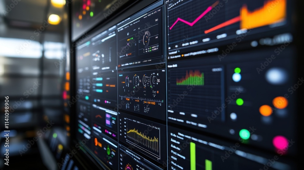 A digital dashboard filled with colorful graphs dials and alerts depicting machine performance metrics and anomalies in need of attention. A digital dashboard filled with colorful graphs dials and alerts depicting machine performance metrics and anomalies in need of attention.