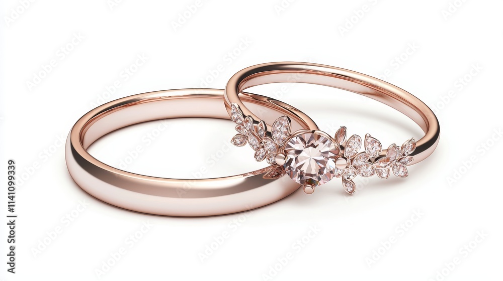 Couple's rings with delicate vector roses, romantic arrangement, isolated white background Couple's rings with delicate vector roses, romantic arrangement, isolated white background