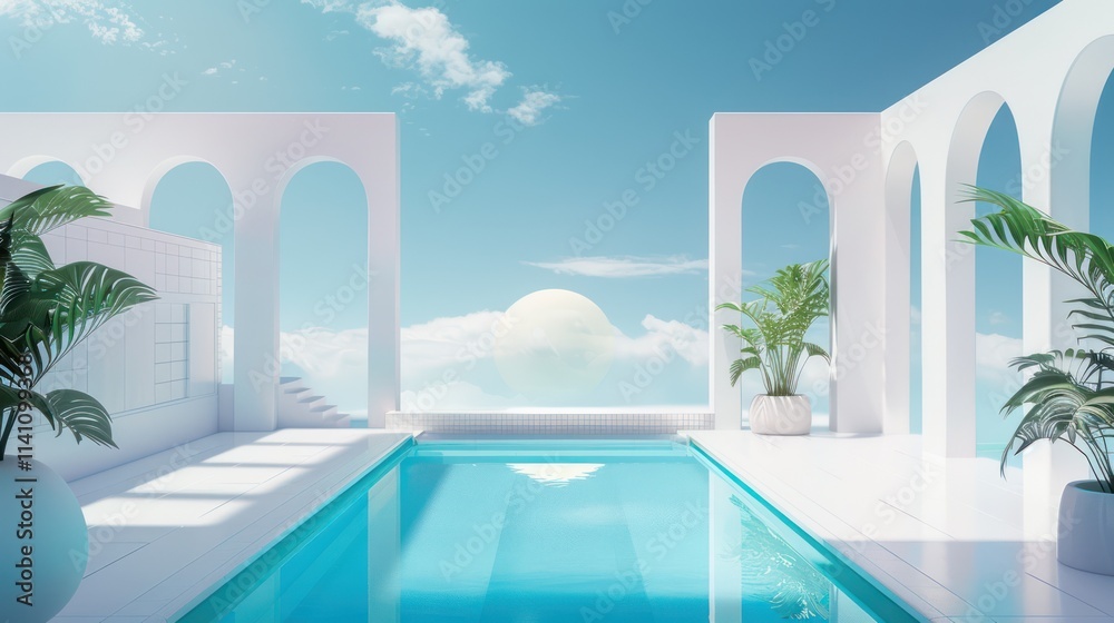 Fototapeta premium An elegant swimming pool surrounded by bright white and bright blue.