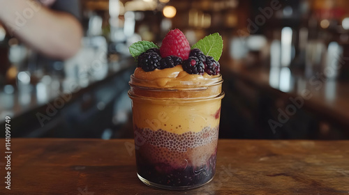 Layered dessert parfait in jar with chia seeds, berries, and creamy topping on bar counter.