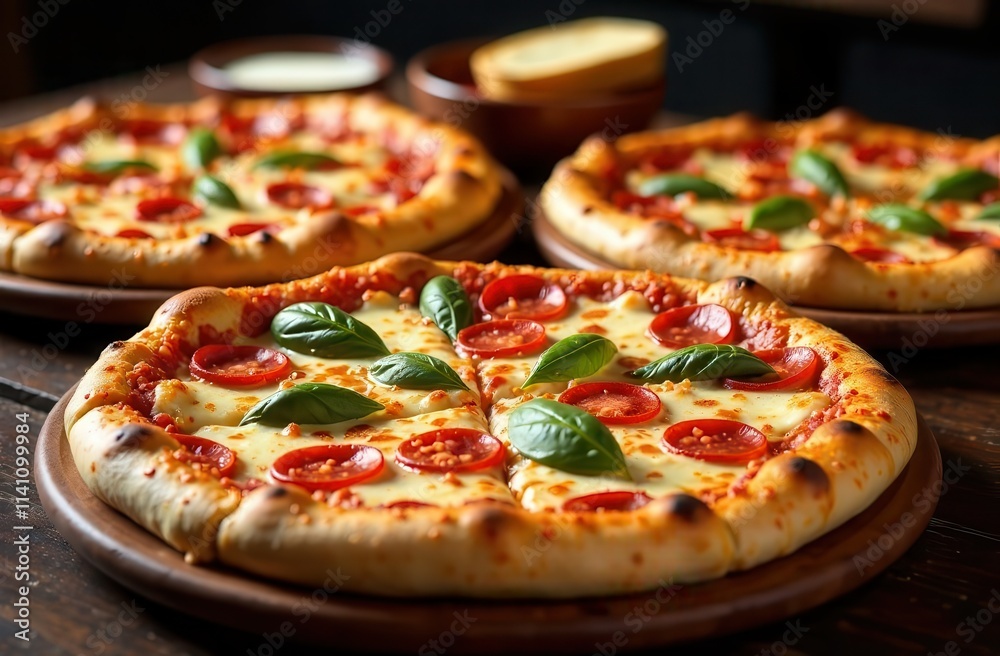 Delicious margherita pizza with fresh basil and cherry tomatoes on wooden table