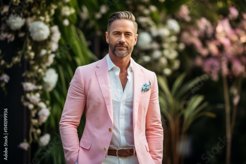 Portrait of a handsome mature man in a pink suit. Men's beauty, fashion.