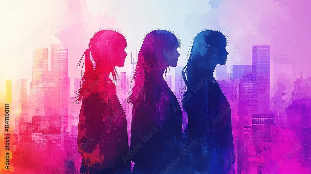 Colorful Silhouette of Three Women Against a Vibrant Urban Skyline in Pastel Hues and Abstract Art Style Colorful Silhouette of Three Women Against a Vibrant Urban Skyline in Pastel Hues and Abstract Art Style