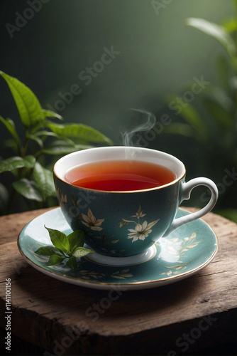 Refreshing cup of herbal tea on a wooden surface among green plants