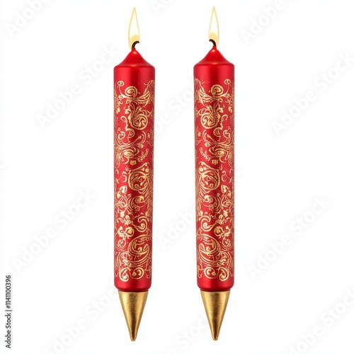 Pair of red candles with gold details isolated on white background photo