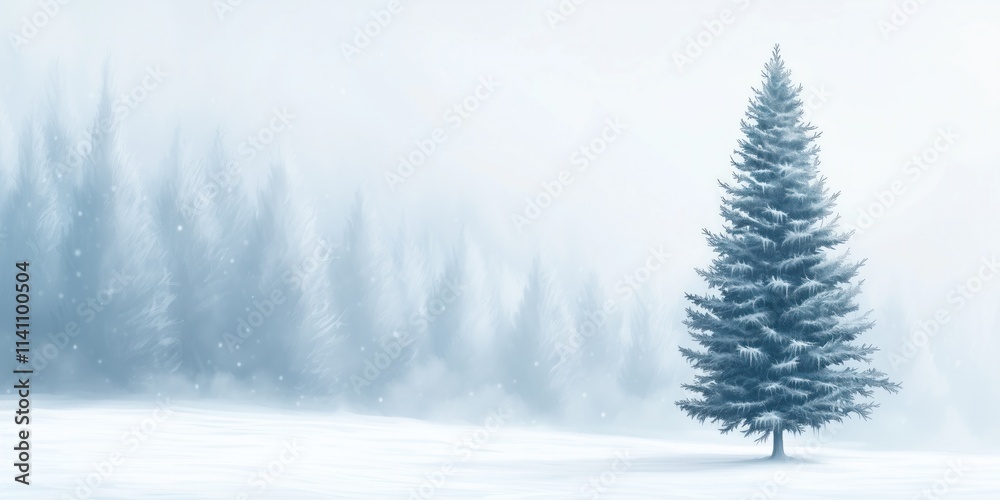 Snowy winter landscape with a solitary evergreen tree amidst a foggy backdrop of distant pine trees Snowy winter landscape with a solitary evergreen tree amidst a foggy backdrop of distant pine trees