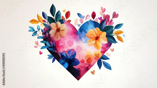 Valentine's Day cards printable. A colorful watercolor heart decorated with vibrant flowers and leaves, symbolizing love and beauty.