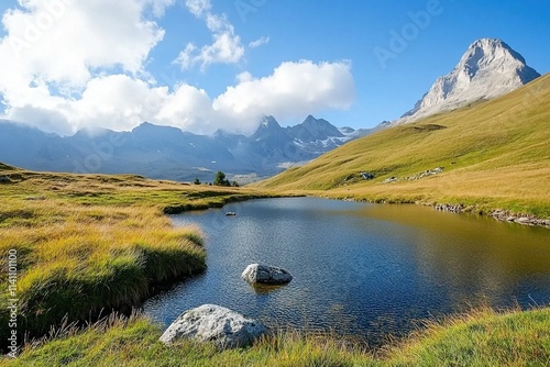 Majestic mountain landscape featuring a serene pond surrounded by lush green meadows and distant peaks photo