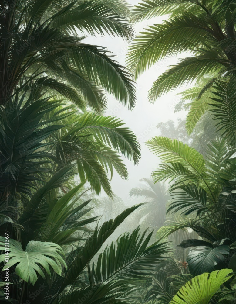 Fototapeta premium Tropical palm leaves in a serene jungle setting, leaves, foliage, outdoors