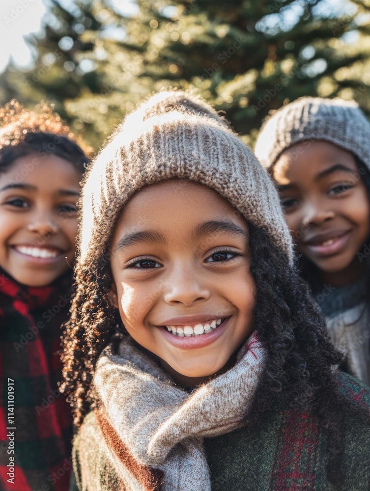 Three happy kids with winter hats and scarves, having fun on a sunny day outside Three happy kids with winter hats and scarves, having fun on a sunny day outside