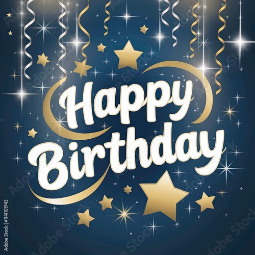 Vibrant Birthday Scene with 'Happy Birthday' Banner, Gold Stars, and Sparkling Streamers