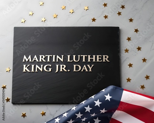 Martin Luther King Jr. Day gold lettering on black slate with scattered golden stars, set against a marble background and a draped American flag symbolizing unity and national pride.
