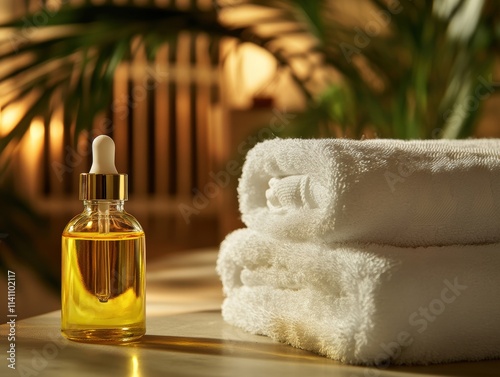 Glass bottle of aromatic massage oil with gold pipette cap next to soft white towels in a tranquil spa setting with warm lighting and tropical plants