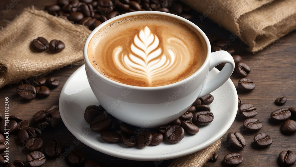 Obraz premium Coffee cup with intricate latte art and roasted beans on wooden table