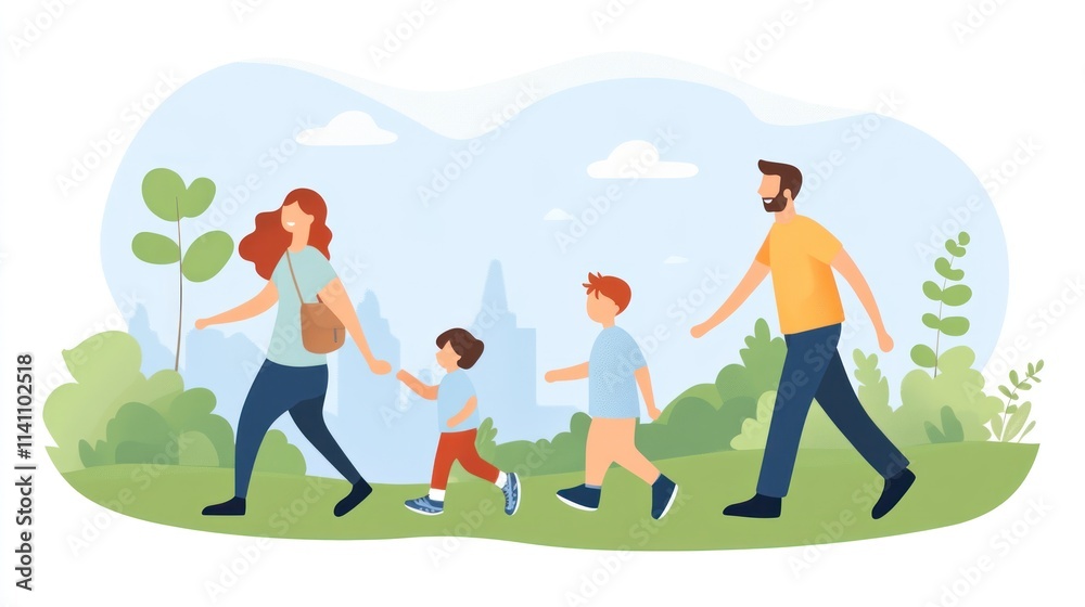 Happy family of four enjoying a walk in the park. Happy family of four enjoying a walk in the park.