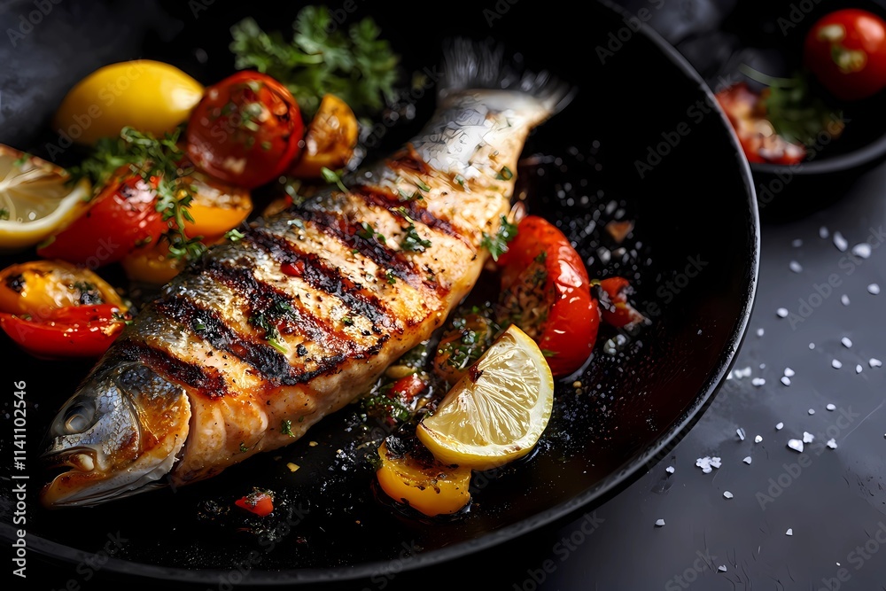 Baked red fish on a plate, healthy eating Baked red fish on a plate, healthy eating