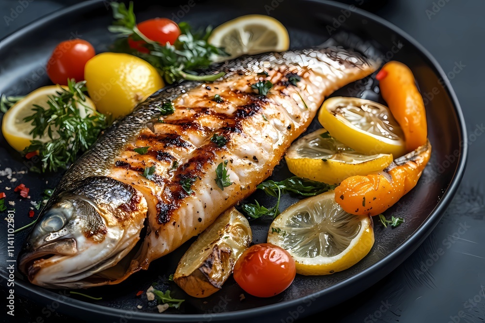 Baked red fish on a plate, healthy eating Baked red fish on a plate, healthy eating