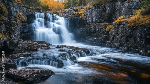 Serene Waterfall Cascading Through Autumnal Rocks