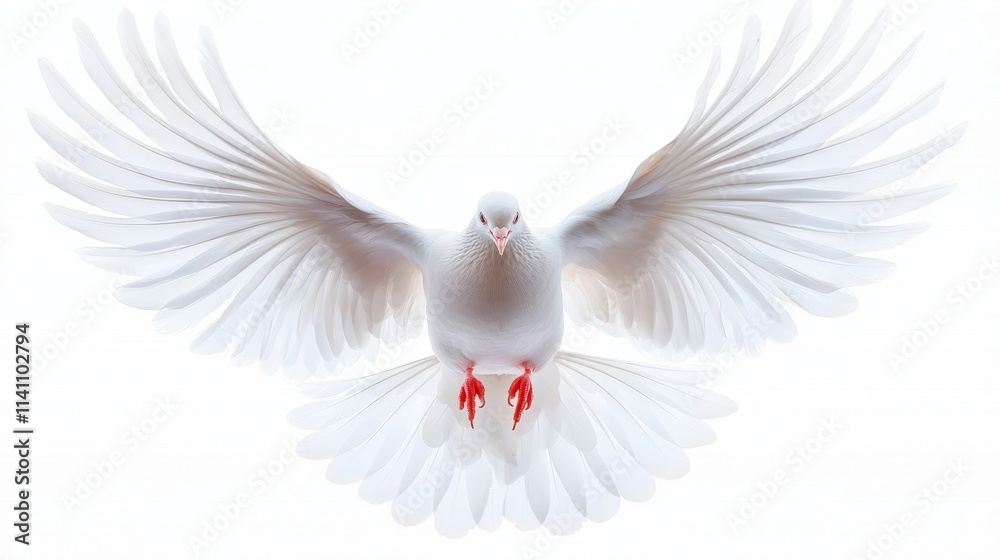 Obraz premium Vibrant white dove flying effortlessly, isolated on white, wings spread wide, capturing movement and freedom
