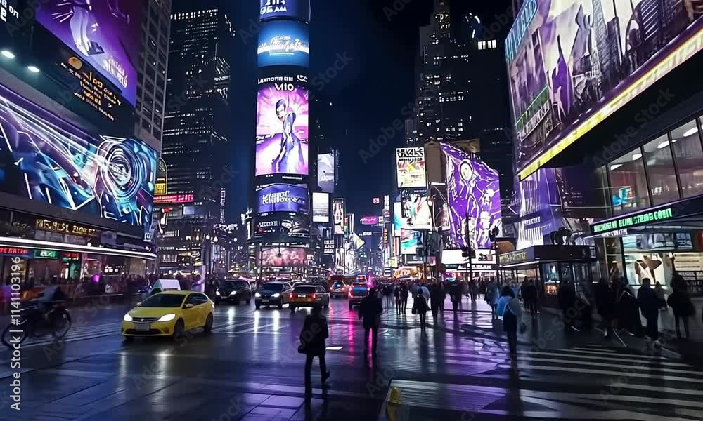 A vibrant, rain-slicked Times Square at night, ablaze with dazzling digital billboards and bustling crowds. A vibrant, rain-slicked Times Square at night, ablaze with dazzling digital billboards and bustling crowds.