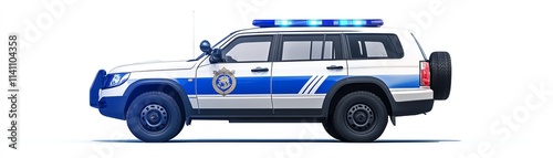 Police car with blue lights, white isolate background photo