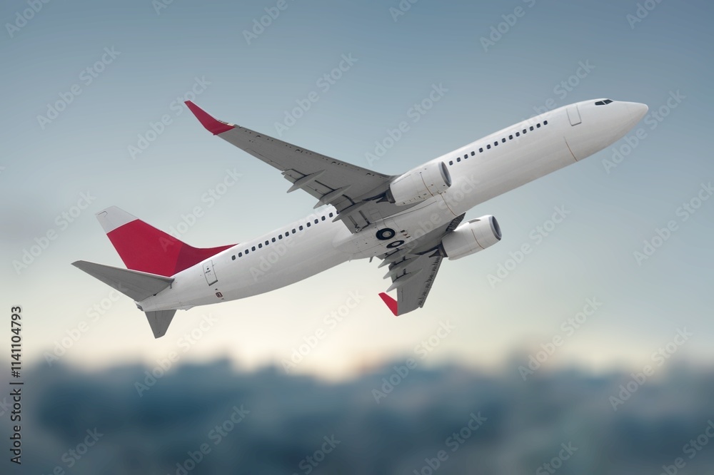 Obraz premium Flying airplane at blue sky background